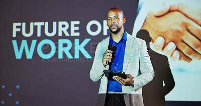 Buy stock photo Screen, speaker and black man at seminar on business transformation, growth and development ideas. Technology, change and presenter at future of work conference with discussion, planning and progress