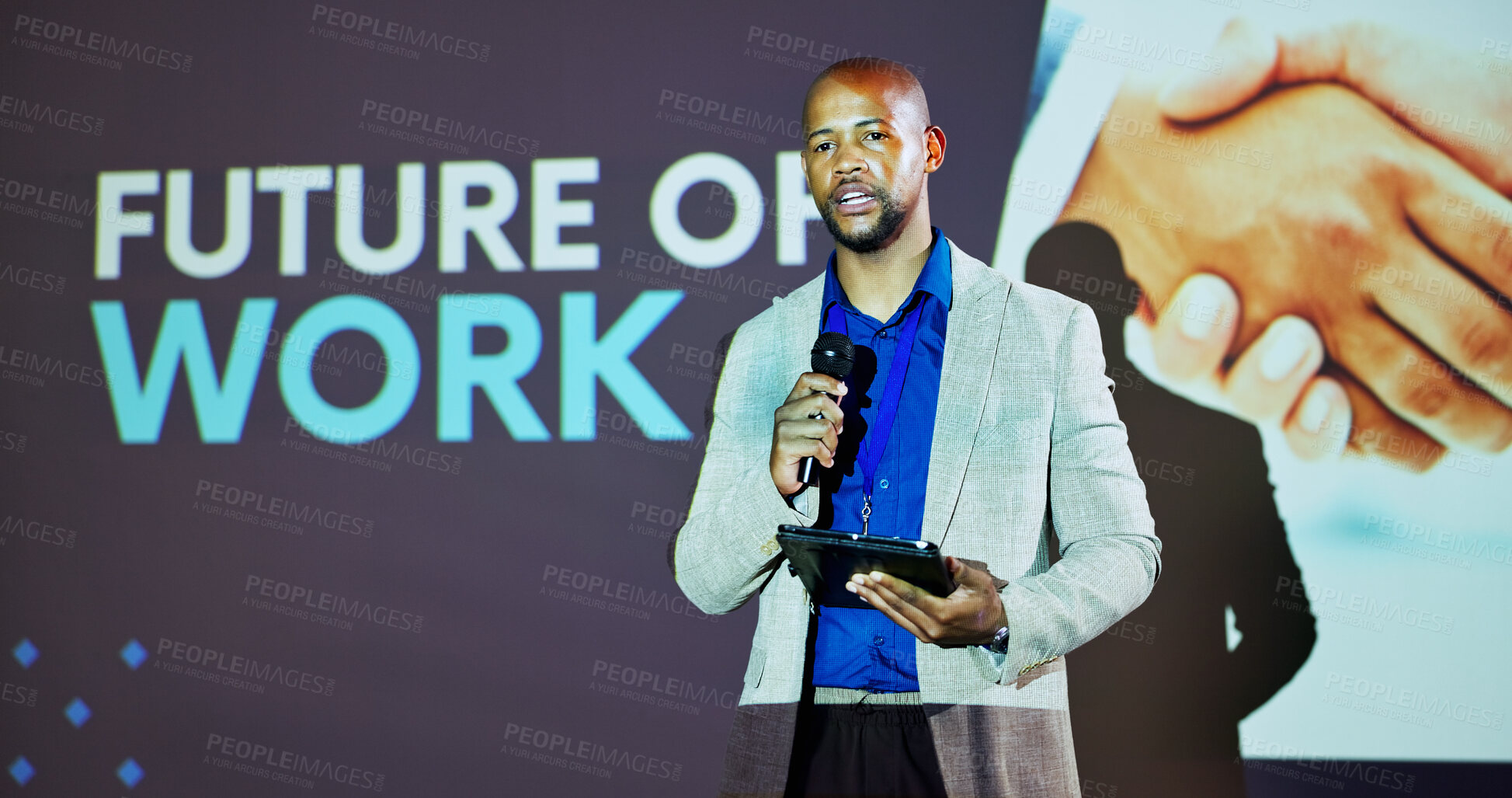 Buy stock photo Screen, speaker and black man at seminar on business transformation, growth and development ideas. Technology, change and presenter at future of work conference with discussion, planning and progress