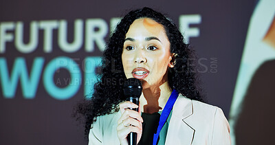 Buy stock photo Stage, speaker and woman at seminar on business transformation, growth or development ideas. Technology, social change and presenter at future of work conference for discussion, planning and progress