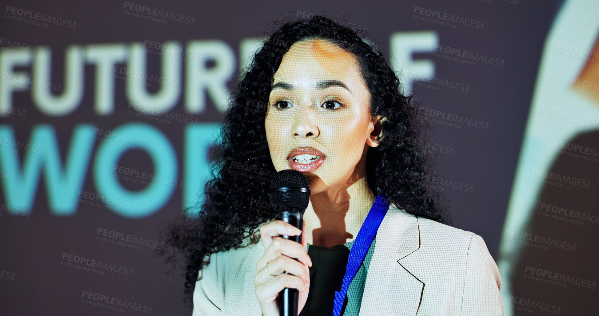 Buy stock photo Stage, speaker and woman at seminar on business transformation, growth or development ideas. Technology, social change and presenter at future of work conference for discussion, planning and progress