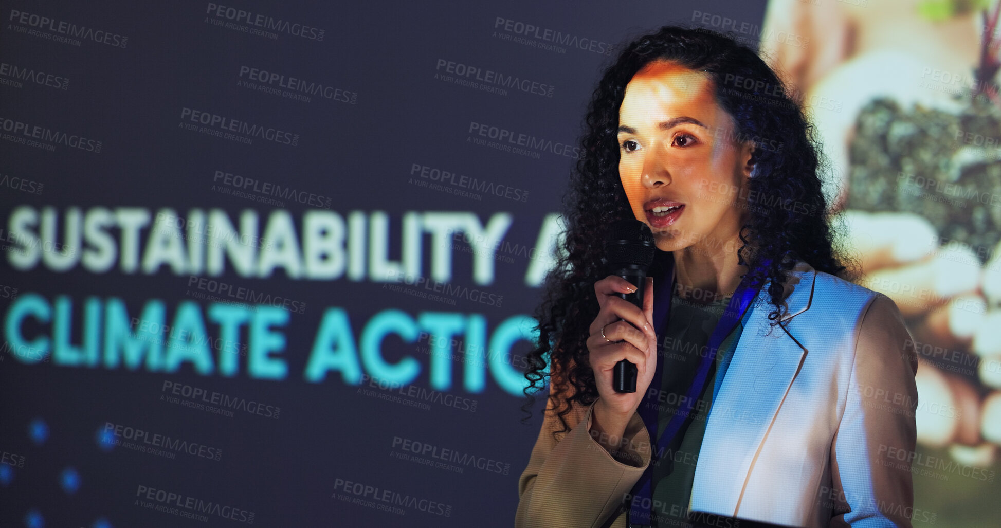 Buy stock photo Presentation, conference and woman with audience for climate change tradeshow, convention or seminar. Public speaking, stage and person with mic at event for environment, sustainability or innovation