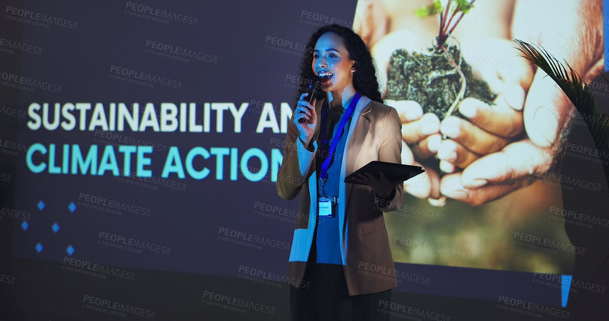 Buy stock photo Presentation, workshop and woman on a stage for climate change tradeshow, convention and seminar. Public speaker, audience and person with tablet at event for environment, sustainability and farming