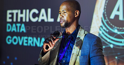 Buy stock photo Business, speaker and  black man at seminar with mic, ideas and presentation on ethical data governance. Information, presenter and conference on digital privacy, accountability and online security