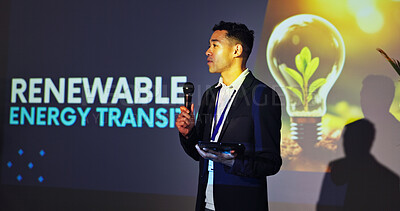 Buy stock photo Podium, presenter and man at seminar with microphone,  presentation and ideas for renewable energy. Climate change, resources and speaker at screen for conference on sustainable global power solution