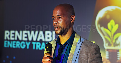 Buy stock photo Talk, speaker and black man at seminar with microphone,  presentation and ideas for renewable energy. Climate change, resources and presenter at conference on sustainable power solution on screen