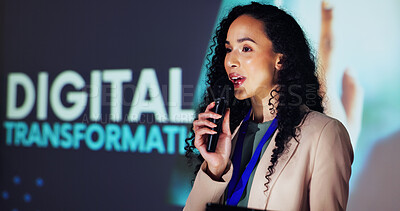 Buy stock photo Stage, presenter and woman at seminar with microphone, tablet and presentation on digital transformation. Ideas, change and speaker at conference on future business development plan with technology