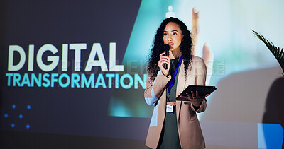 Buy stock photo Stage, speaker and woman at seminar with microphone, tablet and presentation on digital transformation. Ideas, change and presenter at conference on future business development plan with technology