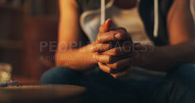 Buy stock photo Hands, man and home with drug addiction for stress, depression and anxiety in living room. Male person, closeup and sad on sofa with substance abuse for mental health issue, nervous and unhappy