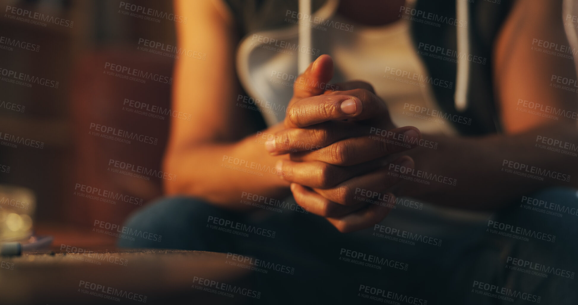 Buy stock photo Hands, man and home with drug addiction for stress, depression and anxiety in living room. Male person, closeup and sad on sofa with substance abuse for mental health issue, nervous and unhappy