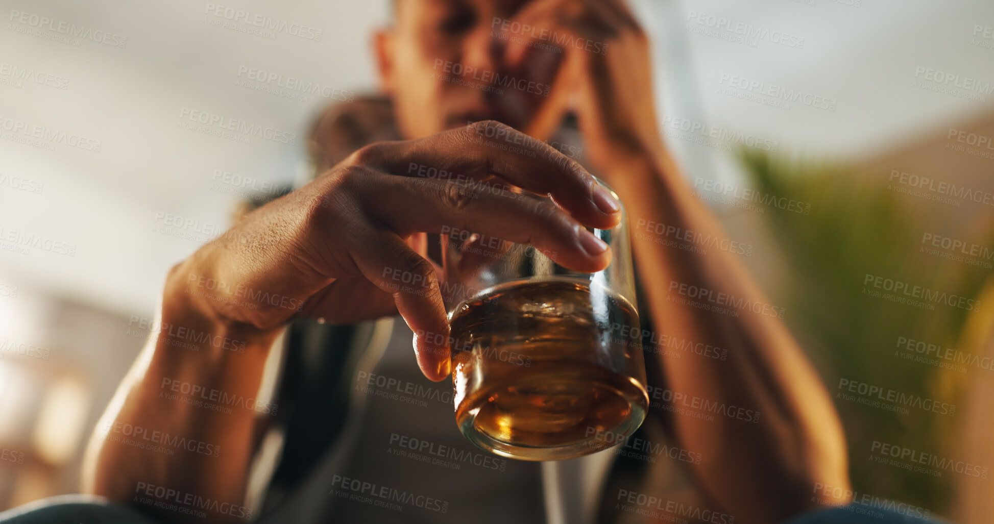 Buy stock photo Alcoholic, stress and glass of whiskey with person in living room for substance abuse, risk and depression. Mental health, wine and liquor with drink at home for temptation, withdrawal and control