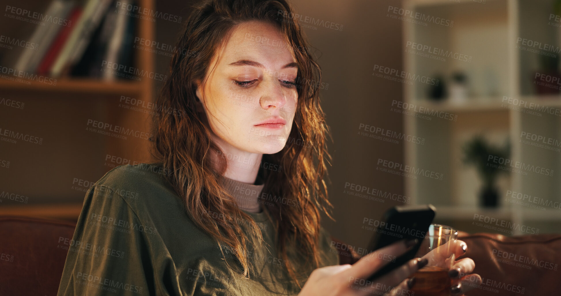 Buy stock photo House, alcohol and woman with smartphone, depression and mental health with typing in living room. Person, apartment and girl with cellphone, wine and stress with anxiety and frustrated with message