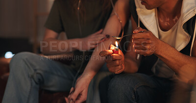 Buy stock photo Lighter, spoon and people with drugs in home for illegal, narcotics and substance abuse together. Opioid, overdose and friends burning heroin in house for danger, addiction and dependency crisis