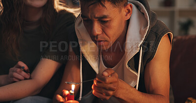 Buy stock photo Spoon, flame and people with drugs in home for illegal, narcotics and substance abuse together. Opioid, dependency and friends burning heroin in house for danger, addiction and overdose crisis