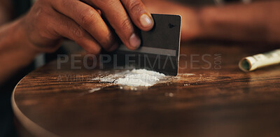 Buy stock photo Person, house and hand with cocaine, credit card and illegal substance with addiction. Overdose, habit and evening with closeup, habit or low energy with crime, drugs and health risk in living room