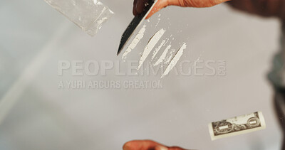 Buy stock photo Person, lines and hands with cocaine, low angle and illegal substance with bad habit. Overdose, cutting and home with closeup, addiction and routine with crime, rehabilitation and credit card