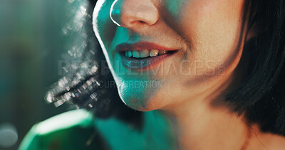 Buy stock photo Mouth, smile and teeth of woman in nightclub, closeup for celebration, entertainment or partying. Face, happy and lips of person or girl high at event concert, disco or nightlife on weekend evening