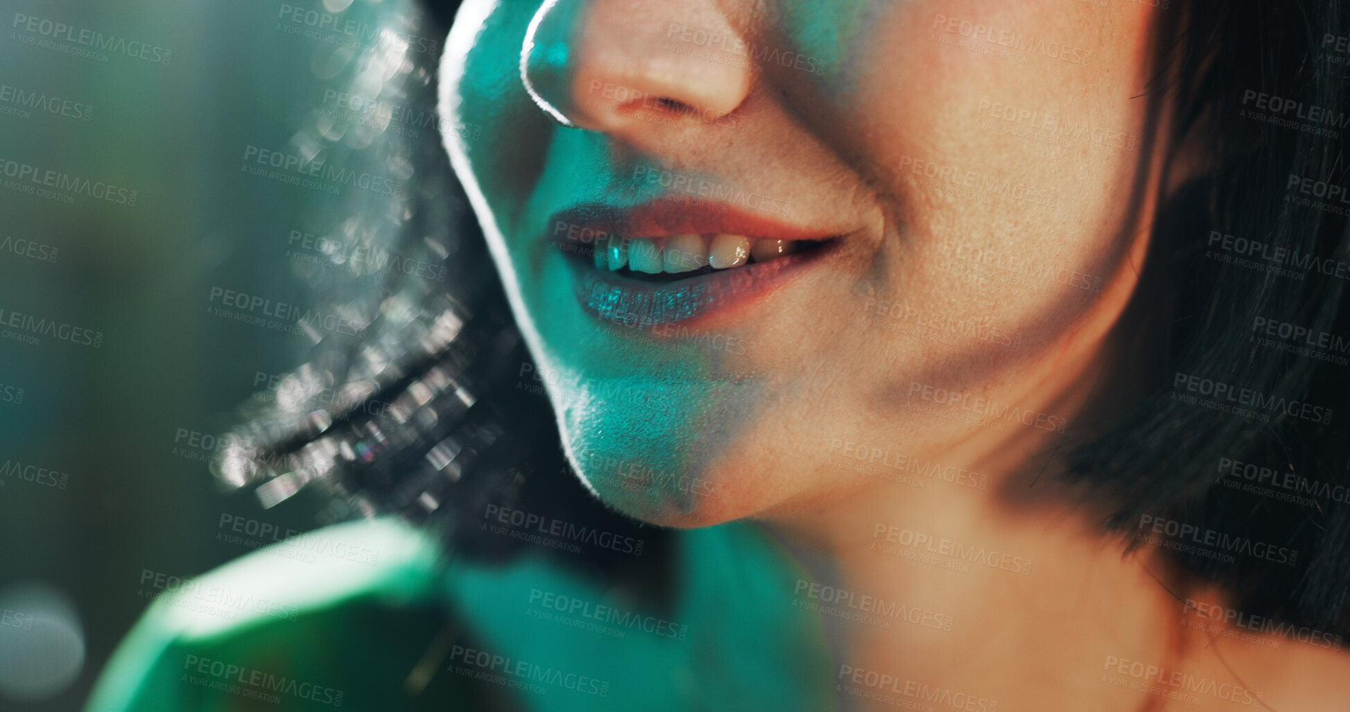 Buy stock photo Mouth, smile and teeth of woman in nightclub, closeup for celebration, entertainment or partying. Face, happy and lips of person or girl high at event concert, disco or nightlife on weekend evening