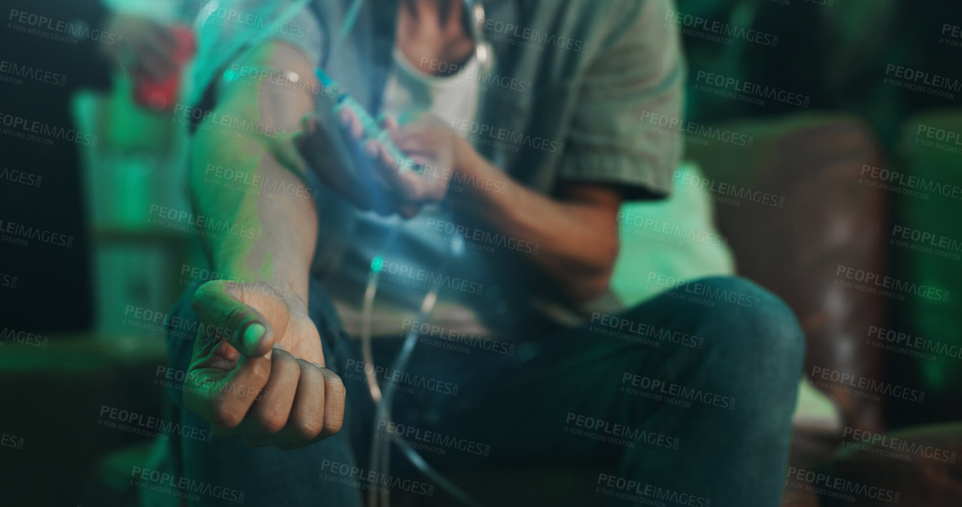 Buy stock photo House, man and hands with injection for drugs in living room with addiction and overdose or abuse. Closeup, male person and needle or syringe for fentanyl, heroin and illegal chemicals for depression