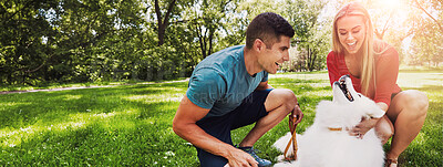 Buy stock photo Shot of an affctionate young couple walking their dog in the park