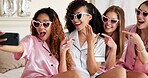 Sunglasses, wedding ring and selfie with women in bedroom for bridesmaids, bridal party and social media post. Celebration, picture and friends with people at home for ceremony, event or engagement