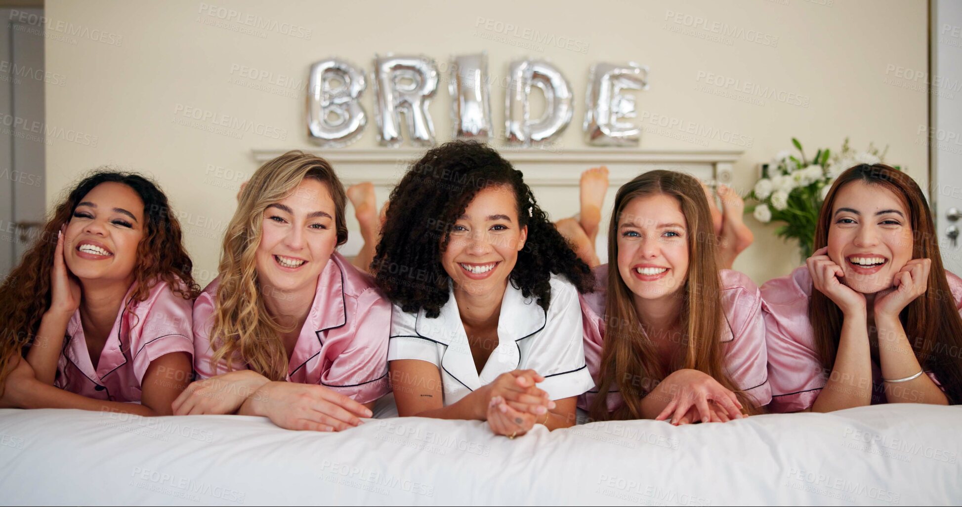 Buy stock photo Portrait, friends and bridal shower in bedroom for marriage announcement, celebration and engagement support. Smile,  bride and women with surprise of commitment event, good news and bonding at house