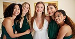 Portrait, bridesmaid and wedding with women in bedroom for friends, bridal party and support. Celebration, marriage and event with people at home for ceremony, maid of honor and luxury engagement