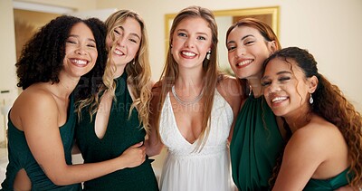 Buy stock photo Portrait, bridesmaid and wedding with women in bedroom for friends, bridal party and support. Celebration, marriage and event with people at home for ceremony, maid of honor and luxury engagement