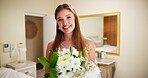 Wedding, woman and dress for event, smile and elegant for marriage, fashion and style in morning and bride. Portrait, outfit and clothes for ceremony, preparation and formal in resort and flowers