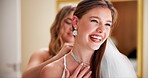 Wedding, women and necklace for event, smile and elegant for marriage, fashion and style in morning and bride. Friends, outfit and clothes for ceremony, preparation and formal in resort and jewellery