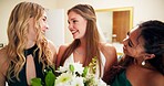 Event, bouquet and wedding with women in bedroom for friends, bridal party and support. Celebration, marriage and smile with people at home for ceremony, bridesmaids and luxury engagement together