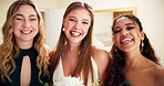 Event, portrait and wedding with women in bedroom for friends, bridal party and support. Celebration, marriage and smile with people at home for ceremony, bridesmaids and luxury engagement together