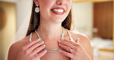 Buy stock photo Wedding, necklace and woman with smile, event and elegant for marriage, fashion and bride in morning. Happy, outfit and jewellery for luxury, preparation and ceremony in resort and hands of person