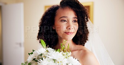 Buy stock photo Wedding, flowers and woman with smile, thinking and elegant for marriage, fashion and bride in morning. Happy, outfit and veil for luxury, preparation and ceremony in resort and bouquet for person