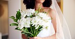 Wedding, flowers and woman with smile, hands and elegant for marriage, fashion and bride in morning. Happy, outfit and veil for luxury, preparation and ceremony in resort and bouquet for person