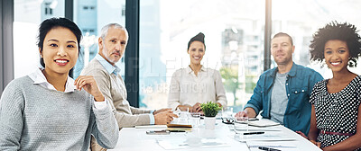 Buy stock photo Portrait of a group of businesspeople having a meeting in a modern office