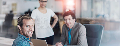 Buy stock photo Chairman, boss or Ceo looking confident, happy and cheerful during a meeting while browsing on a digital tablet in an office. Businessman feeling positive and proud after a team planning session