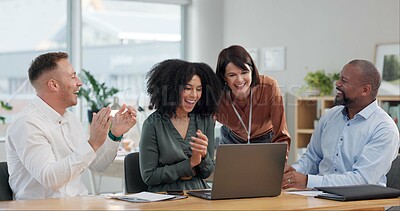 Buy stock photo Employees, people and applause on laptop with video call for good news, notification and congratulations. Collaboration, teamwork and happy at office with clapping hands for success on business deal