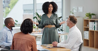 Buy stock photo Meeting, presentation and business people in board room for discussion, company workshop or collaboration. Design team, staff and diversity with conversation for project management, ideas or support