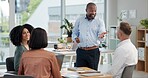 Conversation, presentation and business people in board room for meeting, company workshop or collaboration. Design team, staff and diversity with discussion for project management, ideas or support