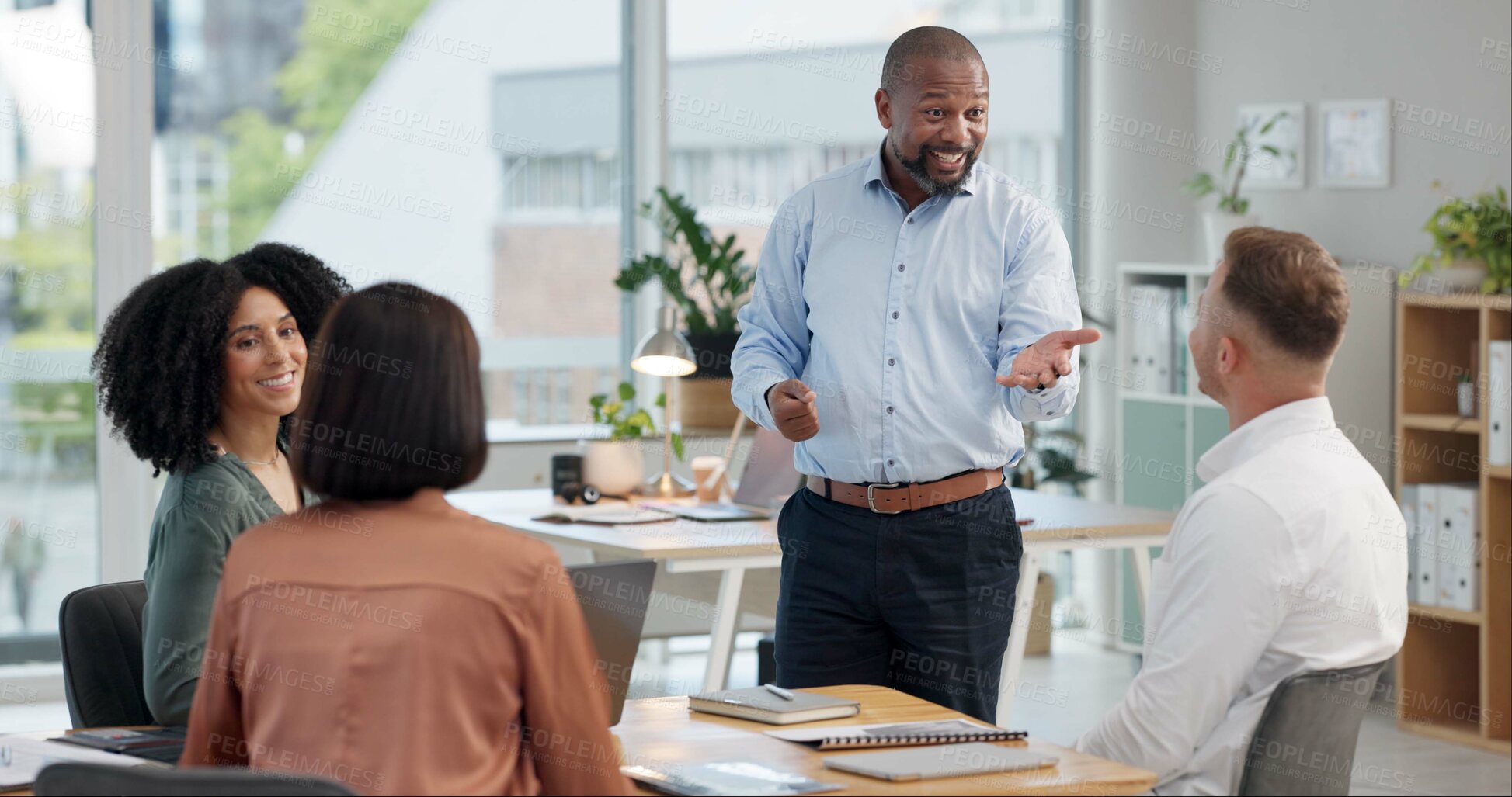 Buy stock photo Conversation, presentation and business people in board room for meeting, company workshop or collaboration. Design team, staff and diversity with discussion for project management, ideas or support