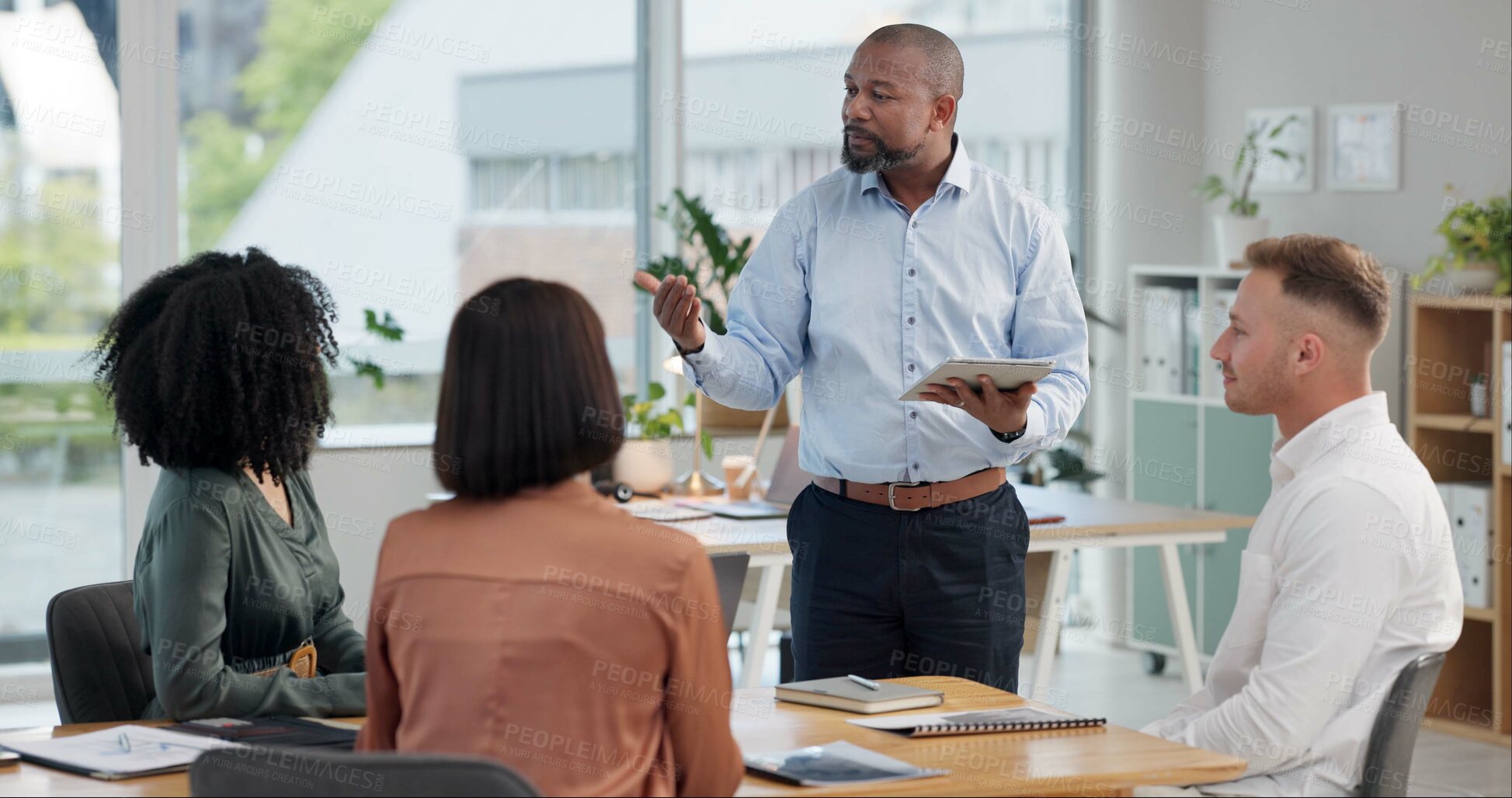 Buy stock photo Conversation, support and business people in board room for meeting, company workshop or collaboration. Design team, staff and diversity with discussion for project management, ideas or presentation