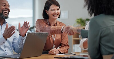 Buy stock photo Business women, shaking hands and applause in office, support and agreement with b2b deal at company. People, handshake or smile for synergy, link and contract with cheers for job at creative agency