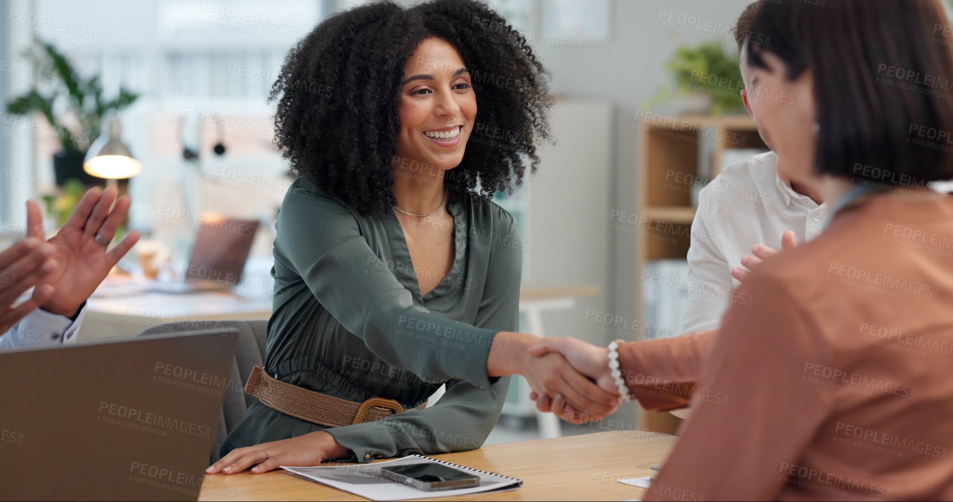 Buy stock photo Business women, handshake and applause for agreement in office, support and b2b deal at company. People, shaking hands or smile for synergy, link and contract with cheers for job at creative agency