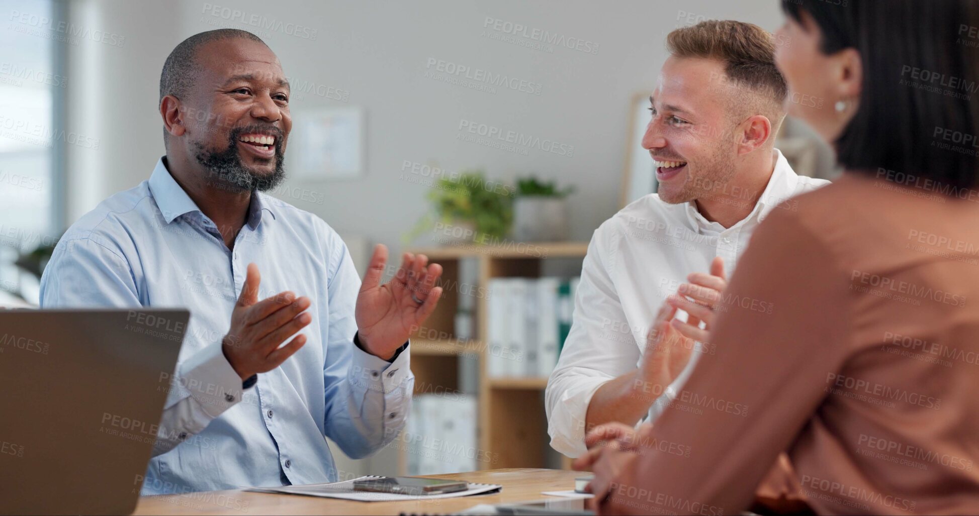 Buy stock photo Business man, teamwork and applause in office with celebration, success and goals at company. People, group or happy with congratulations, cheers or solidarity with smile for job at creative agency