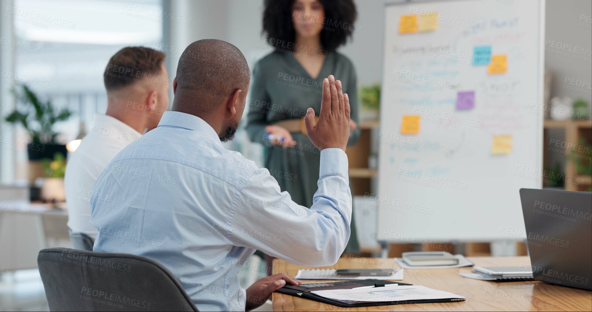 Buy stock photo Business, employees and question at office with whiteboard for ideas with strategy, planning and brainstorming for deadline. People, notes and teamwork or collaboration in boardroom for feedback