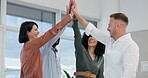 Business people, teamwork and high five in office with circle, support and connection at company. Group, scrum and cheers for synergy, link and solidarity with motivation for job at creative agency