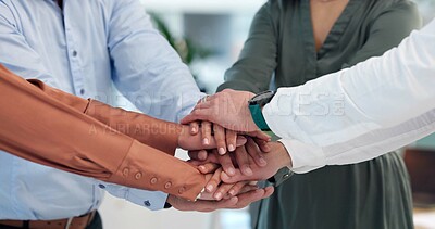 Buy stock photo Business people, teamwork and stack hands in office with support, huddle and connection at company. Group, scrum or circle for synergy, link and solidarity with motivation for job at creative agency