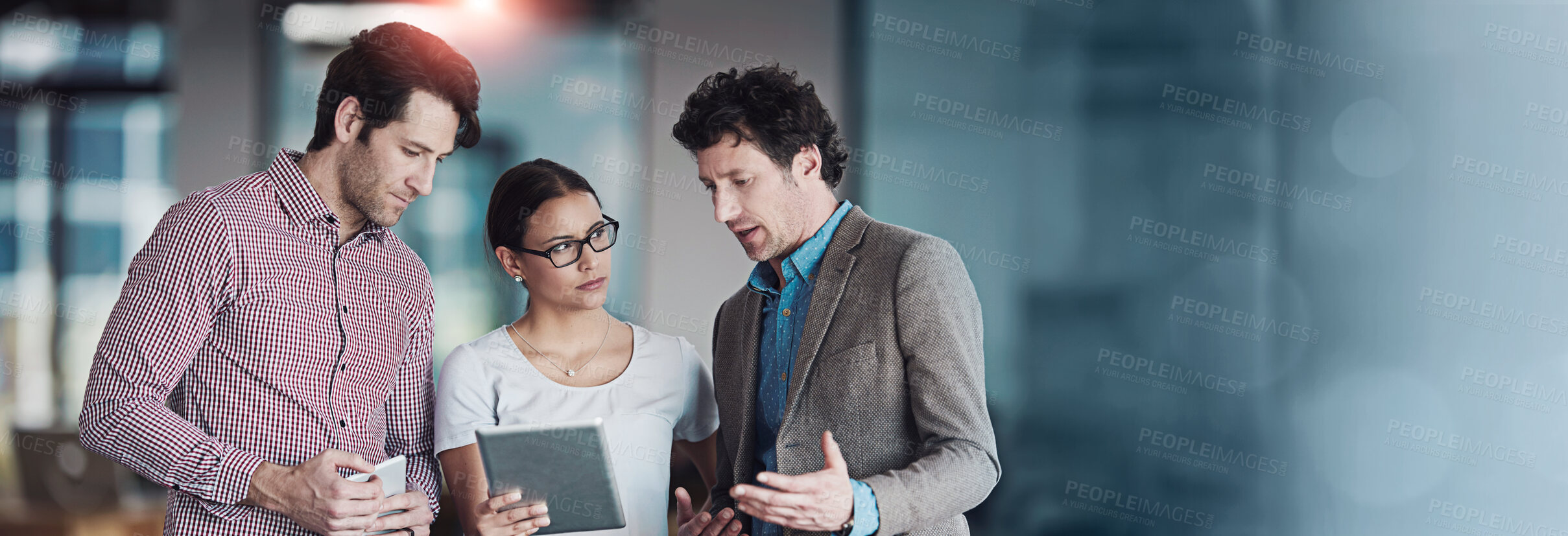 Buy stock photo Team discussion, tablet or business people with research in group meeting for talking together in office. Diversity, collaboration or employees speaking of technology or digital network in workplace