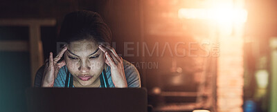 Buy stock photo Workshop, laptop and woman with headache, burnout and night with deadline and ceramic invoice problem. Issue, online and frustrated business owner with stress and anxiety from work on a computer