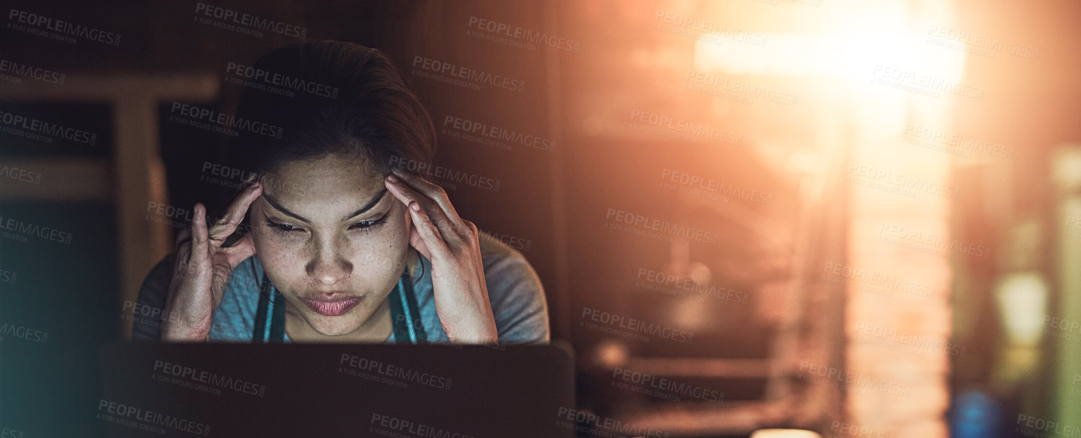 Buy stock photo Workshop, laptop and woman with headache, burnout and night with deadline and ceramic invoice problem. Issue, online and frustrated business owner with stress and anxiety from work on a computer